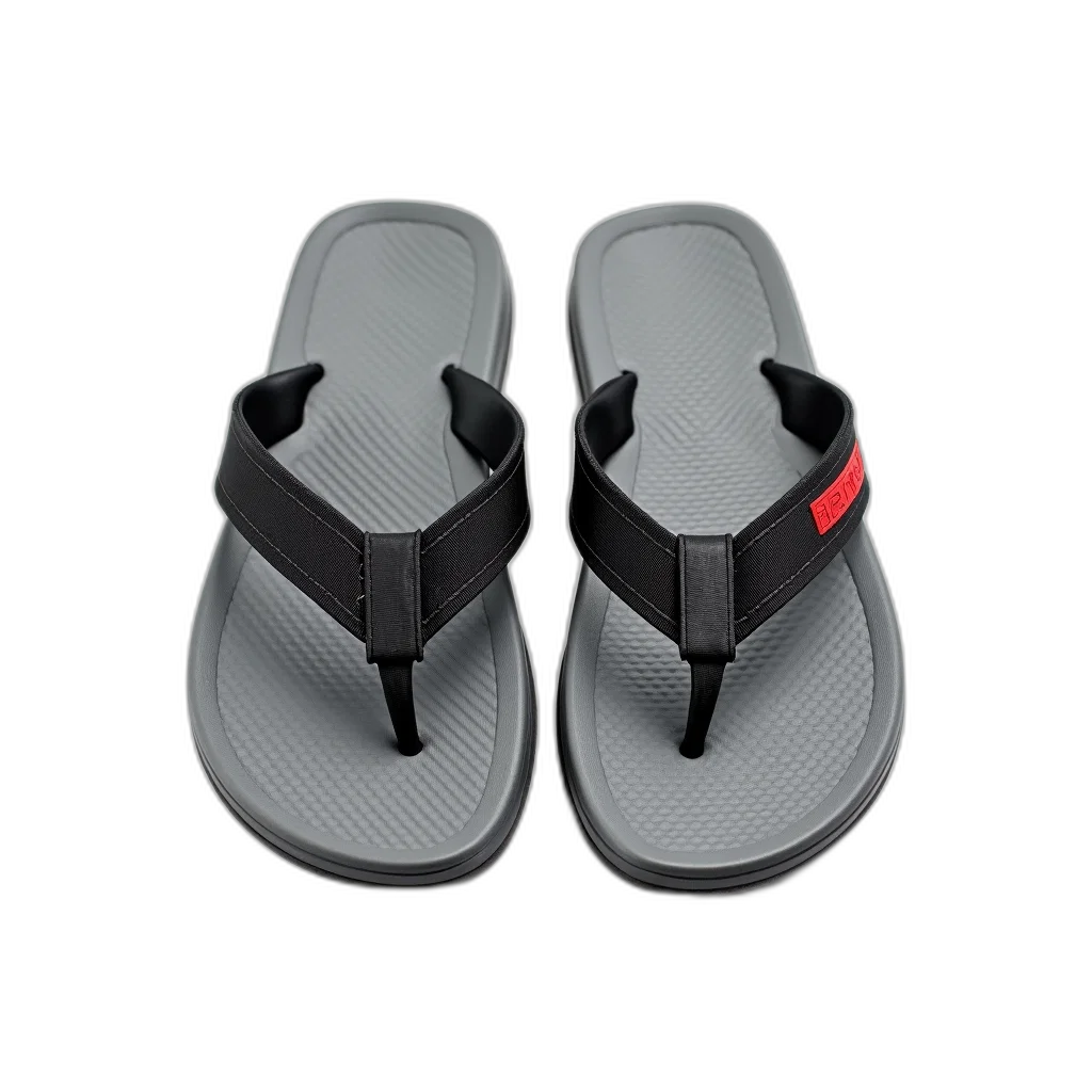 shoes, 3d render, pair, grey, flip-flops, black, strap, red transparent PNG cut-out
