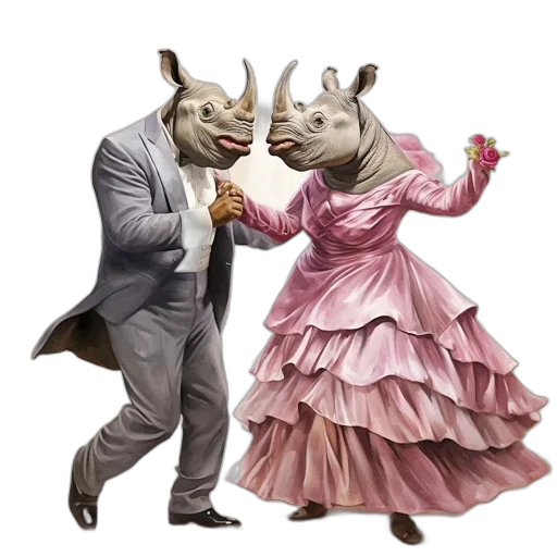 mask, dress, animal, concept art, photorealistic, two, anthropomorphic, rhinos transparent PNG cut-out