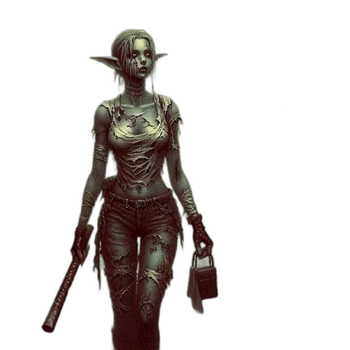 staff, concept art, fantasy art, 3d render, pixel art, green, female, elf-like transparent PNG cut-out