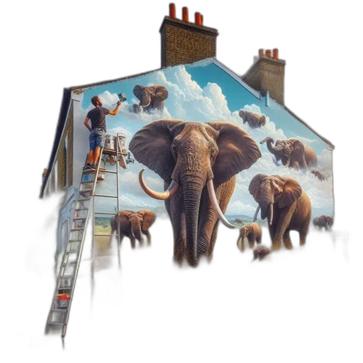 concept art, photorealistic, city street, man, ladder, paints, detailed, mural transparent PNG cut-out