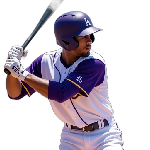 baseball, player, purple, white, uniform, swinging, bat, during transparent PNG cut-out