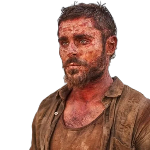 concept art, photorealistic, rugged, dirty, man, beard, stands, desert transparent PNG cut-out