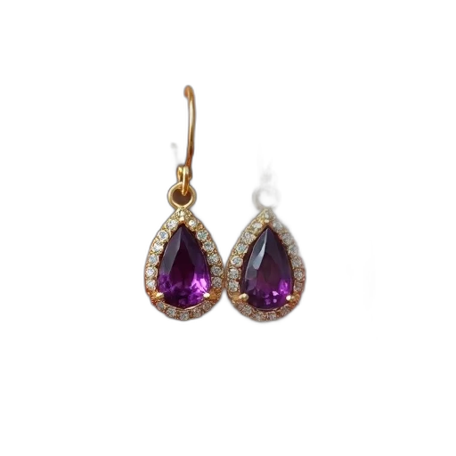 jewelry, pair, gold, earrings, purple, gemstones, held, between transparent PNG cut-out