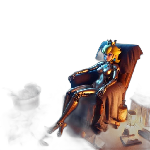 robot, furniture, weapon, crown, concept art, fantasy art, 3d render, pixel art transparent PNG cut-out