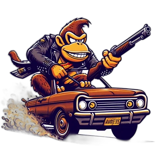 car, concept art, comic book art, cartoon, pixel art, animated, monkey, wearing transparent PNG cut-out