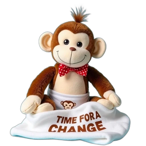 staff, 3d render, photorealistic, plush, toy, smiling, monkey, brown transparent PNG cut-out