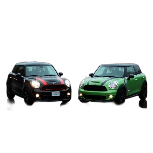 car, 3d render, photorealistic, green, two, small, cars, parked transparent PNG cut-out
