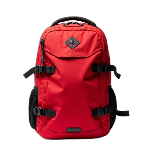 jacket, 3d render, red, backpack, black, handle, zipper, displayed transparent PNG cut-out