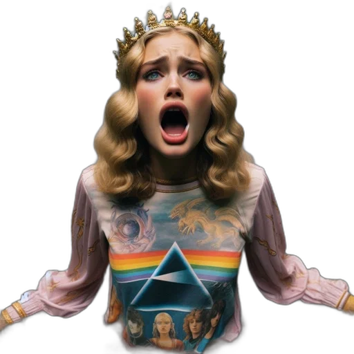 crown, dress, concept art, woman, surprised, expression, wearing, rainbow-themed transparent PNG cut-out