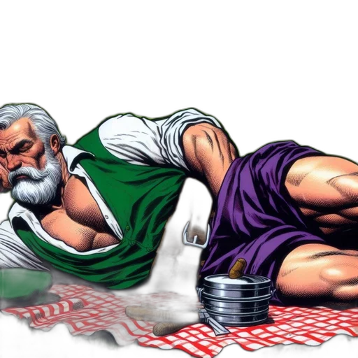 food, comic book art, concept art, elderly, man, casual, attire, reclines transparent PNG cut-out