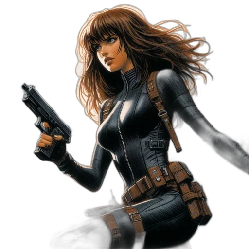 weapon, comic book art, concept art, fantasy art, photorealistic, female, character, long transparent PNG cut-out