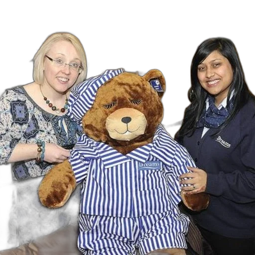 staff, two, women, pose, large, teddy, bear, wearing transparent PNG cut-out