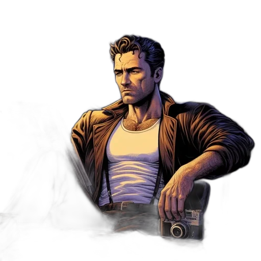 jacket, weapon, comic book art, concept art, cyberpunk, pixel art, golden, dimly transparent PNG cut-out