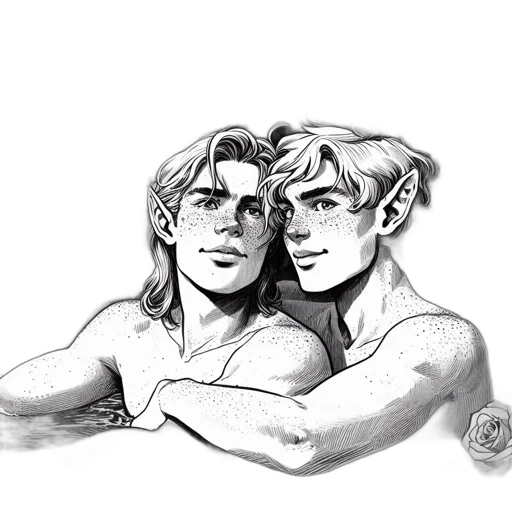 concept art, fantasy art, pencil sketch, comic book art, two, elven, figures, pointed transparent PNG cut-out