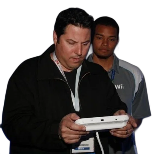 staff, jacket, two, men, looking, white, device, one transparent PNG cut-out