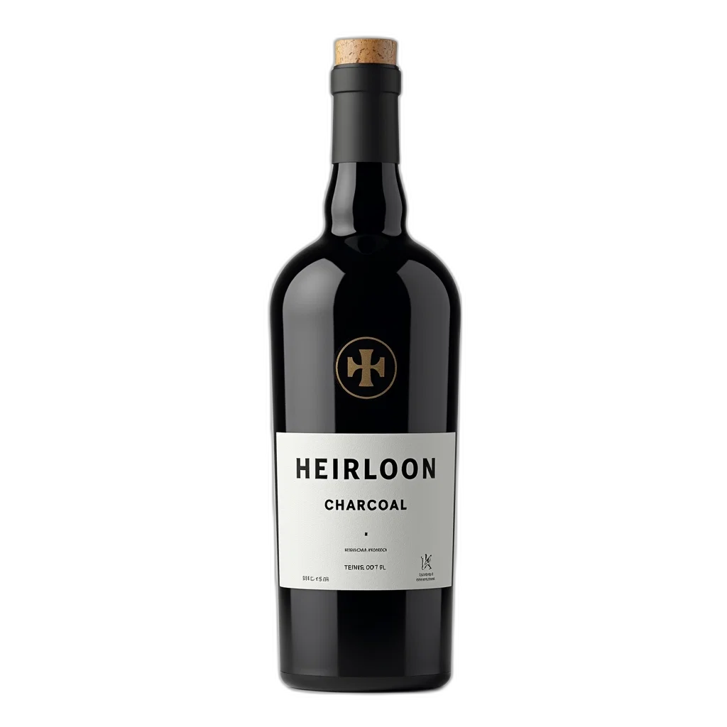 black, bottle, white, label, featuring, text, heirloon, charcoal transparent PNG cut-out