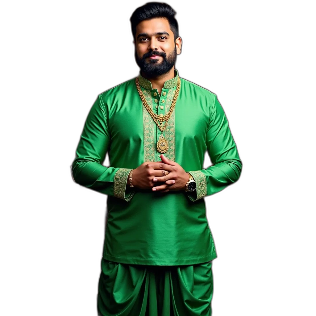 green, man, wearing, traditional, indian, kurta, gold, pattern transparent PNG cut-out