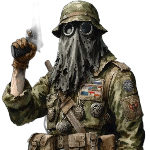 mask, jacket, creature, weapon, concept art, photorealistic, comic book art, pixel art transparent PNG cut-out