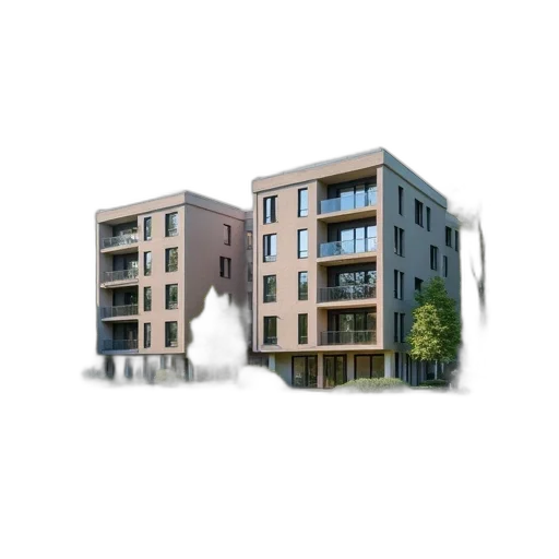 building, 3d render, photorealistic, concept art, city street, three, storey, apartment transparent PNG cut-out