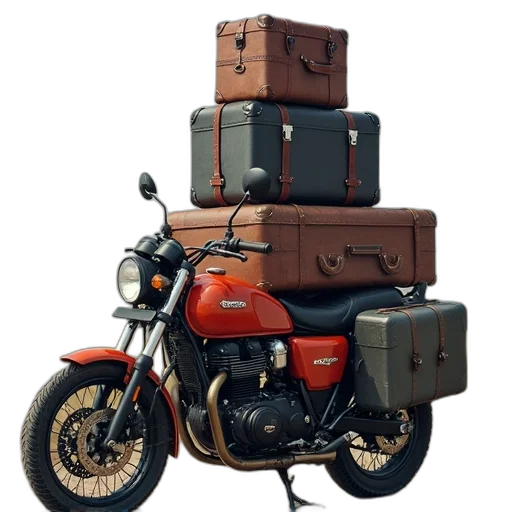 earth tones, motorcycle, luggage, stacked transparent PNG cut-out