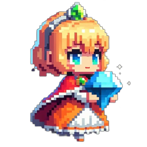 crown, robot, dress, staff, pixel art, anime, concept art, fantasy art transparent PNG cut-out