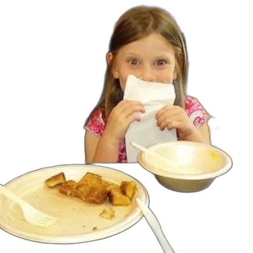 food, young, girl, sits, table, plate, bowl, holding transparent PNG cut-out