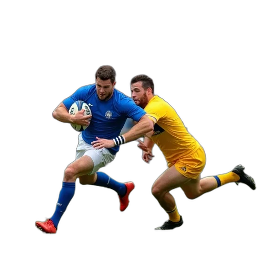 rugby, match, progress, players, blue, yellow, jerseys, one transparent PNG cut-out