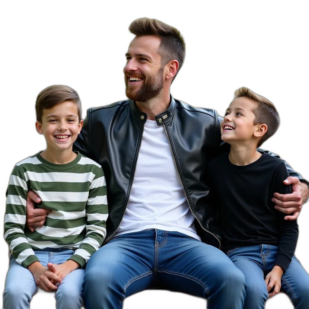 jacket, man, two, children, sitting, bench, left, right transparent PNG cut-out