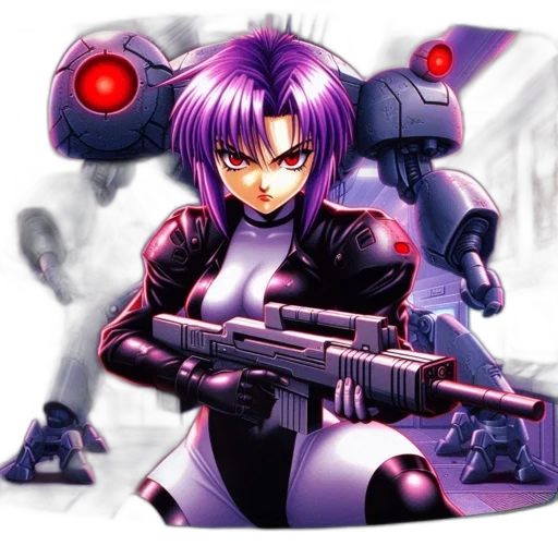 robot, weapon, concept art, cyberpunk, pixel art, anime, outer space, woman transparent PNG cut-out