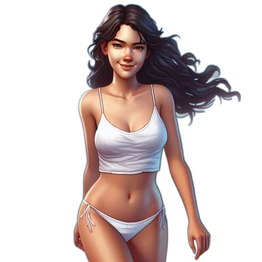 concept art, fantasy art, photorealistic, 3d render, beach, young, woman, stands transparent PNG cut-out