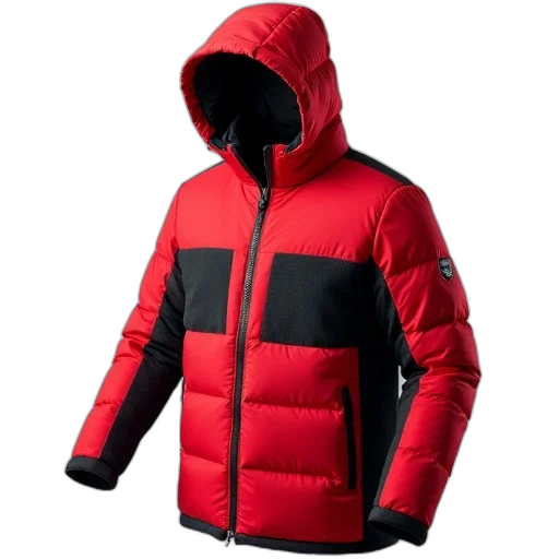 jacket, red, black, puffer, hood, displayed, against, white transparent PNG cut-out
