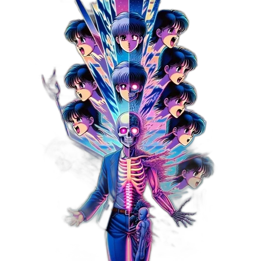 robot, jacket, staff, crown, concept art, vaporwave, comic book art, anime transparent PNG cut-out
