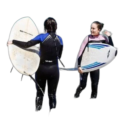 staff, underwater, two, surfers, wetsuits, holding, their, boards transparent PNG cut-out
