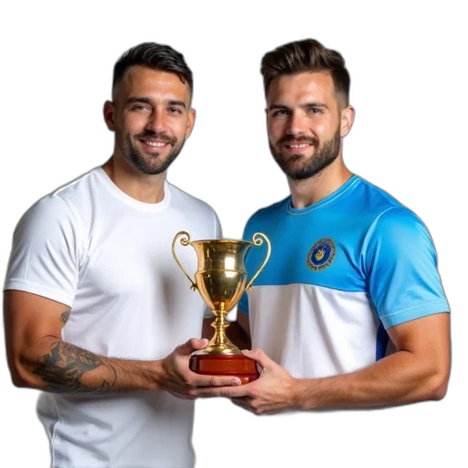 two, men, holding, trophy, together, man, left, wearing transparent PNG cut-out