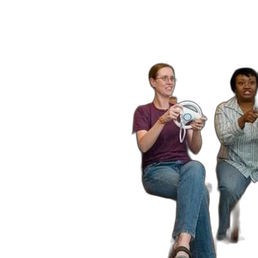 staff, four, women, sit, chairs, holding, wii, controllers transparent PNG cut-out