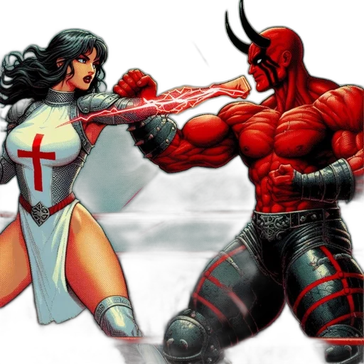comic book art, concept art, arena, horned, figure, confronts, female, warrior transparent PNG cut-out