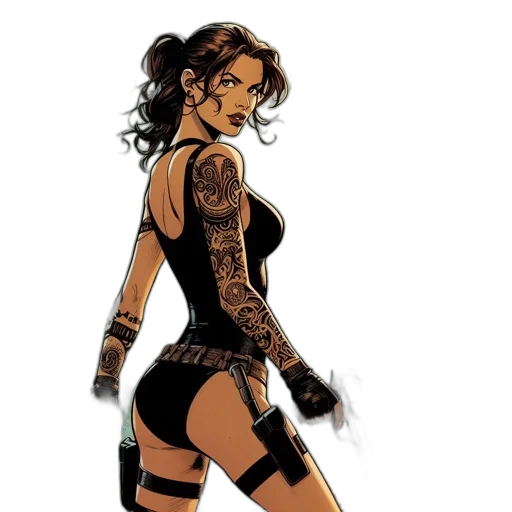 comic book art, concept art, cyberpunk, cartoon, woman, black, sleeveless, outfit transparent PNG cut-out