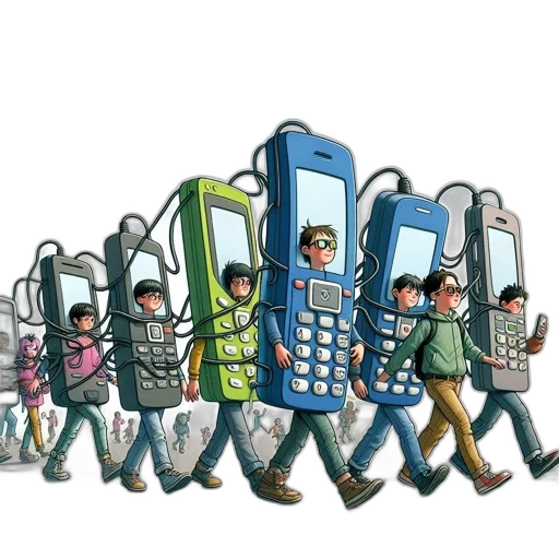 robot, concept art, cyberpunk, cartoon, comic book art, people, large, phones transparent PNG cut-out