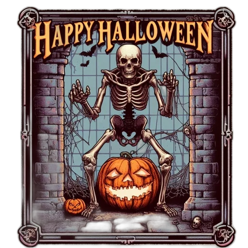 illustrated, halloween, scene, features, skeleton, holding, open, jack-o transparent PNG cut-out