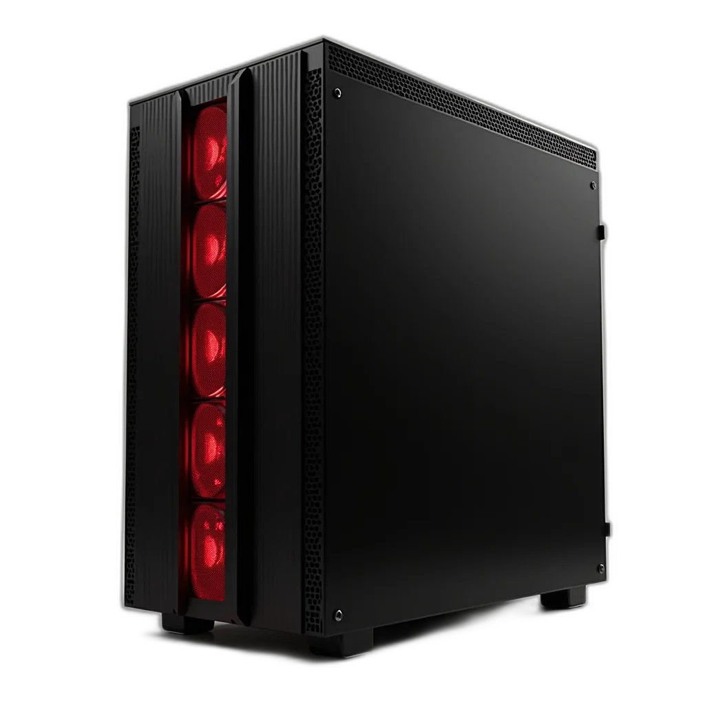 3d render, red, sleek, black, computer, tower, accents, front transparent PNG cut-out