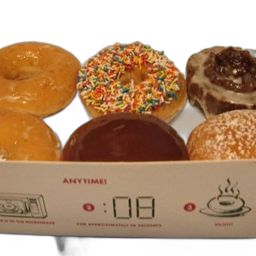food, box, six, assorted, donuts, instructions, microwave, seconds transparent PNG cut-out