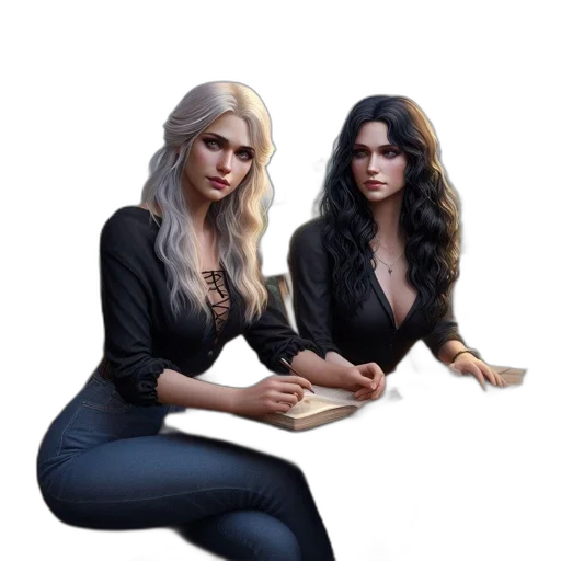 concept art, fantasy art, photorealistic, pixel art, dark, two, women, sit transparent PNG cut-out