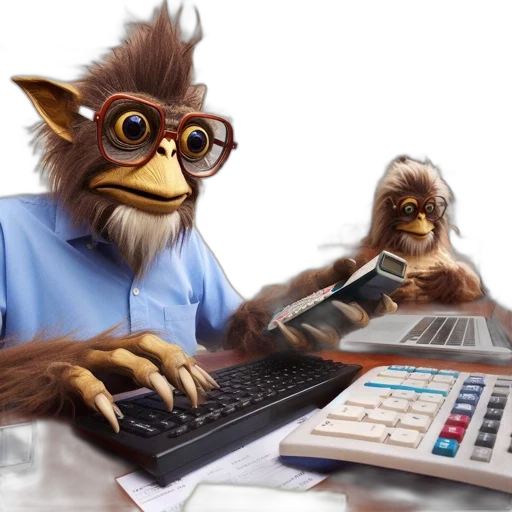 two, anthropomorphic, creatures, one, working, desk, another, observing transparent PNG cut-out