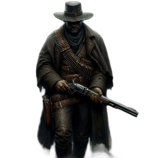weapon, staff, hat, jacket, concept art, fantasy art, comic book art, photorealistic transparent PNG cut-out