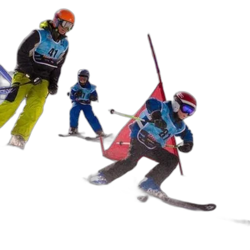 snow, three, skiers, action, snowy, slope, one, wearing transparent PNG cut-out