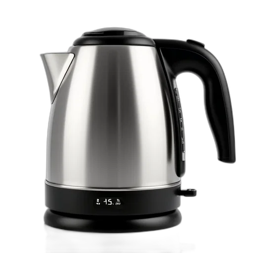 photorealistic, stainless, steel, electric, kettle, black, handle, base transparent PNG cut-out