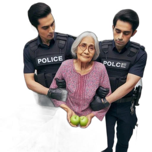 mask, food, elderly, woman, accompanied, two, police, officers transparent PNG cut-out