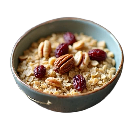 food, bowl, oatmeal, nuts, raisins, table transparent PNG cut-out