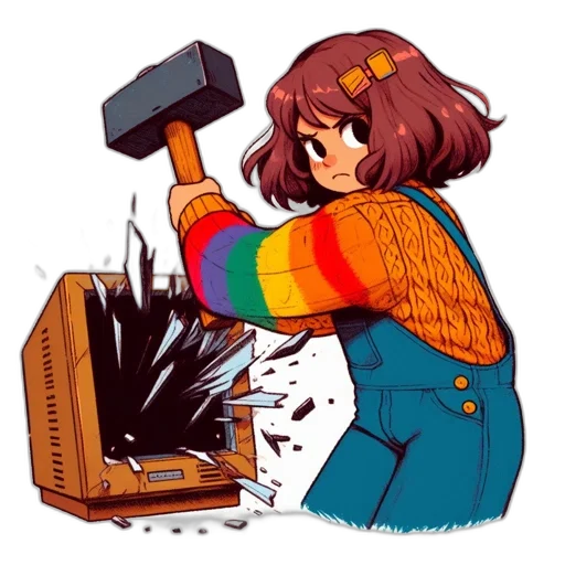 weapon, robot, staff, jacket, pixel art, concept art, watercolor, comic book art transparent PNG cut-out
