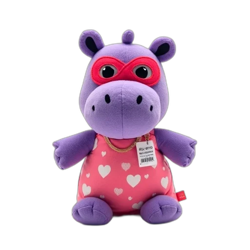 plush, toy, purple, hippo, red, mask, heart-shaped, eyes transparent PNG cut-out